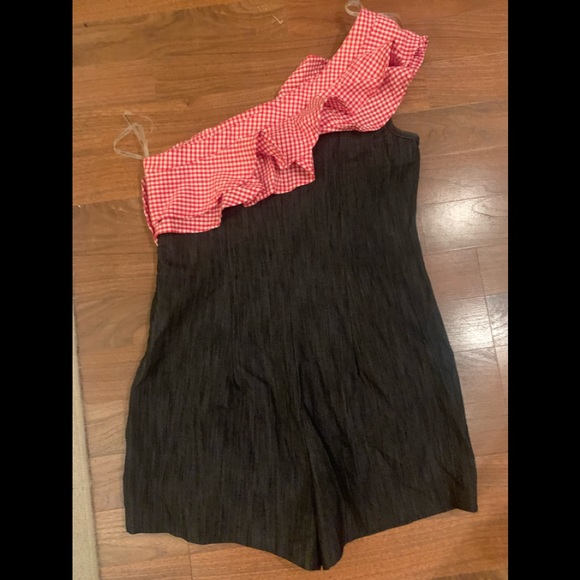 Womens One Piece Jean Romper With Red And White Gingham Ruffle size small - Picture 2 of 11